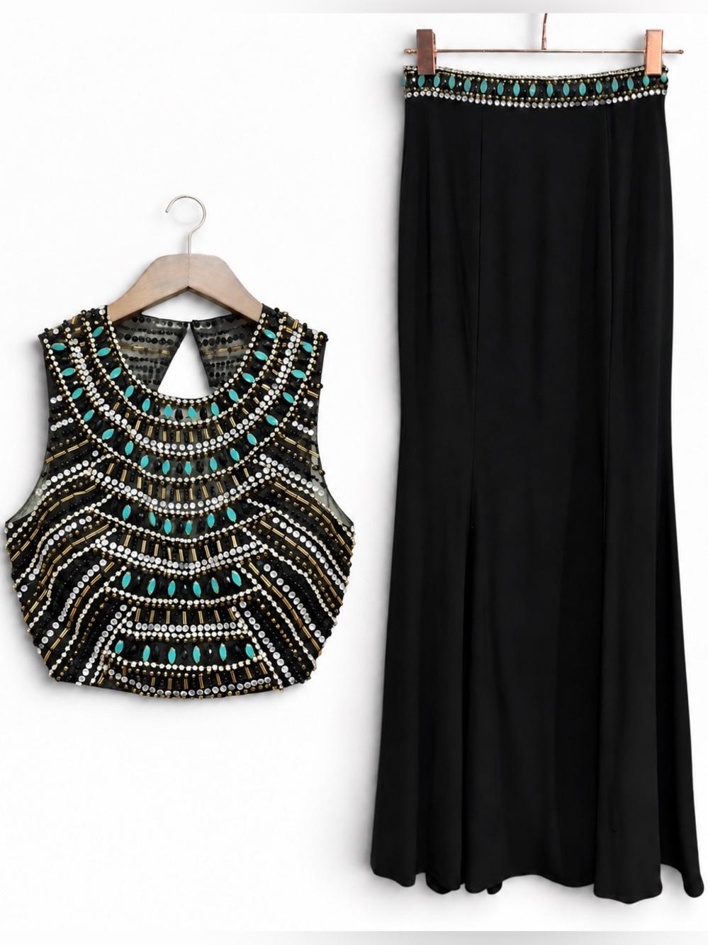 NOX Black Turquoise Beaded 2 Piece Crop Top Maxi Skirt Formal Set S